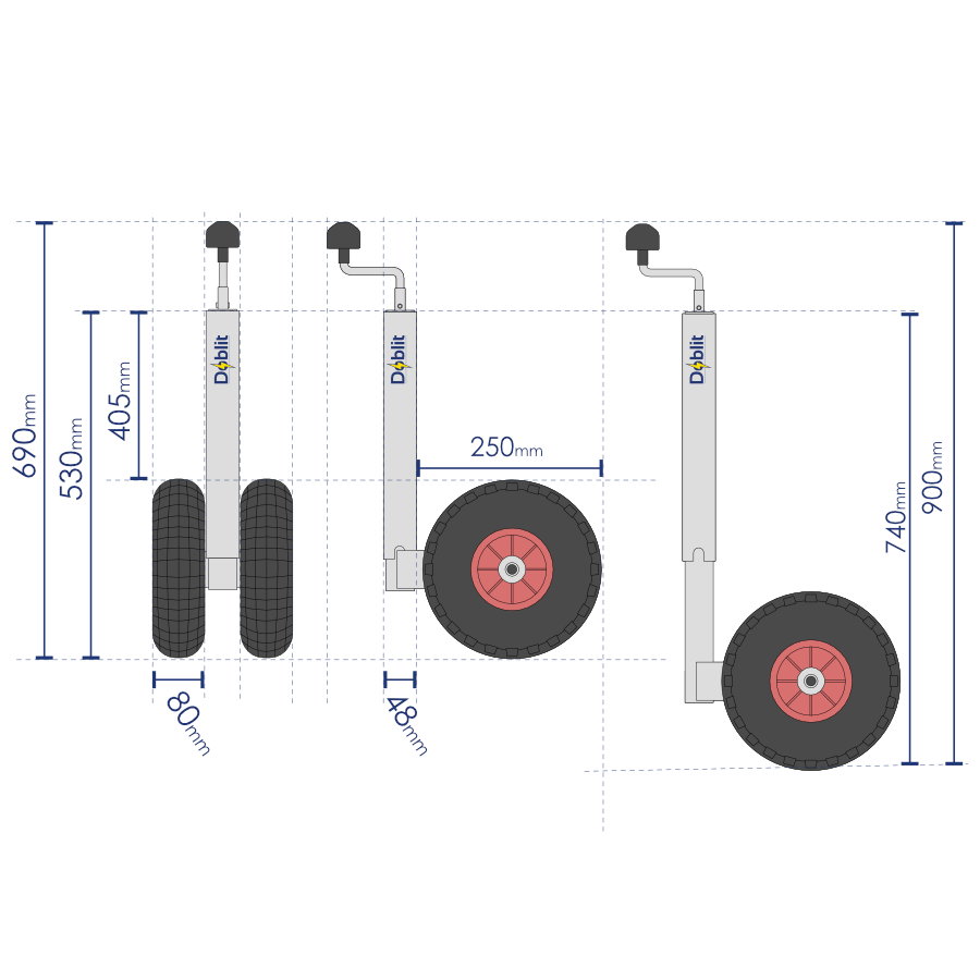 Jockey Wheel w/ Twin Balloon Tyre - Telescopic 48mm Tube Trailer Stand Max Load 200kg