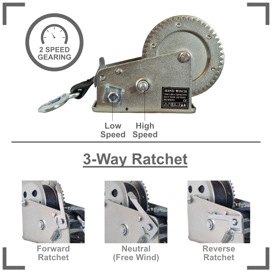 2-Speed Trailer Winch 3500lbs Heavy Duty w/ 8m x 50mm Strap